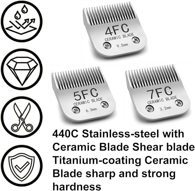 Docal Detachable Clipper Ceramic Blades 4FC/5FC/7FC Silver, Dog Grooming Clipper Replacement Blades Compatible with KM Series Clippers, Most A5, Size-4FC/5FC/7FC, Cut Length 3.2mm to 9.5mm, 3 Packs