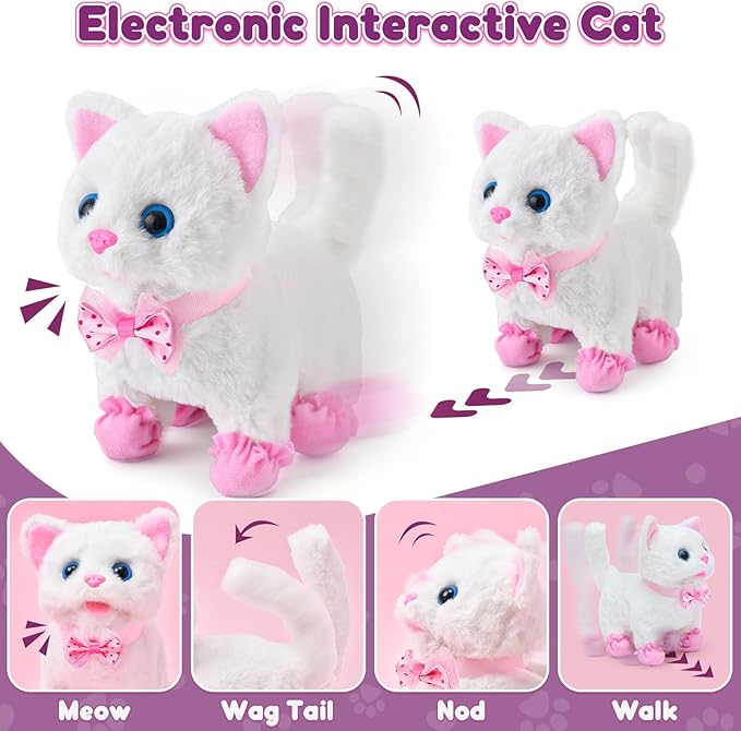 G.C Cat Toys for Kids Girls, Electronic Interactive Stuffed Cat Walk Meow and Wag Tail with Stroller Pet Care Accessories Toys Pretend Play Birthday Gifts for Toddlers Girls 3 4 5 6 7 8 Year Old