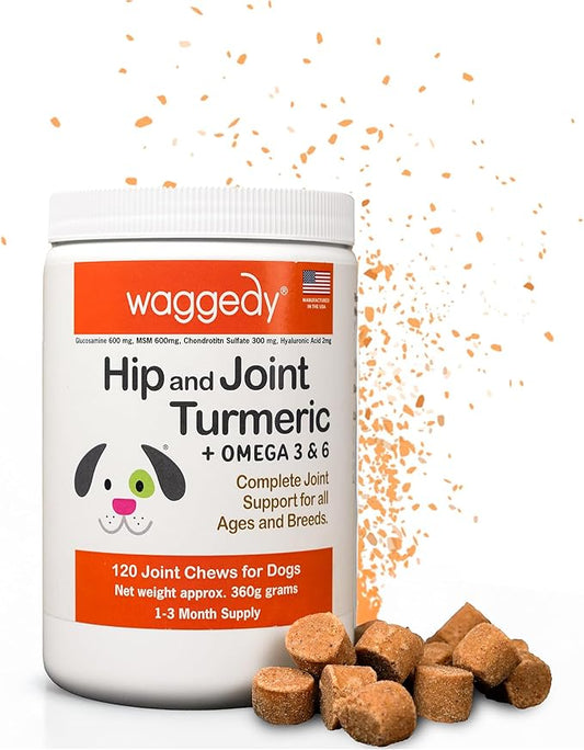 waggedy Hip and Joint Turmeric – Complete Dog Supplements for Joints with Glucosamine, MSM, HA & Omega Fatty Acids — Daily Glucosamine for Dogs to Improve Flexibility & Mobility (120 Dog Chews)
