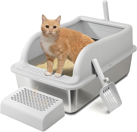 XL Stainless Steel Cat Litter Box with High Sided Lid for Big Cats, 23.5"L x 15.5"W x11.8"H, Metal Kitty Litter Tray with Scoop and Filter Pedal, Leak-Proof,Odorless,Non-Stick,Easy Cleaning