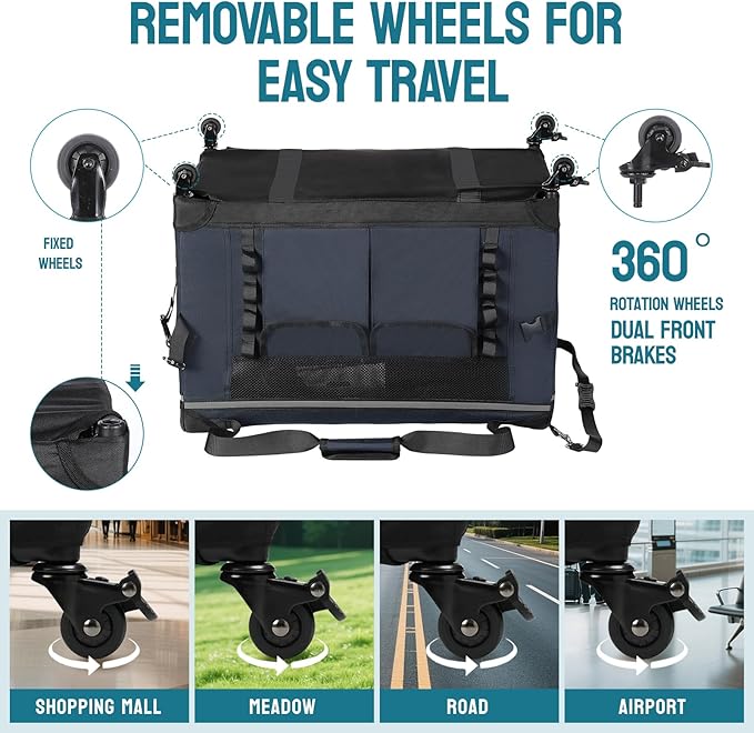 24-inch Foldable Cat Carrier with Removable Wheels – Large Pet Travel Carrier for Cats & Small Dogs, Breathable & Sturdy for Car Rides (Holds up to 44lbs)