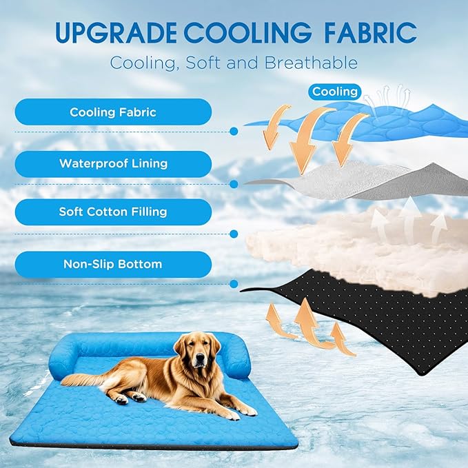 Large Cooling Dog Bed & Mat for Dogs | Machine Washable, Waterproof & Non-Slip Blanket Cover | Portable for Couch, Car, Floor & Travel (No Gel), L-40 x 35 inch