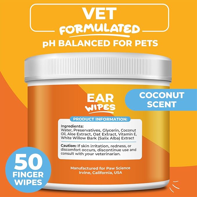 Dog Ear Cleaner Wipes – Finger Wipes for Dogs and Cats – Cleaning, Soothing, & Deodorizing Itchy Ears – Pet Ear Relief Solution (Coconut)