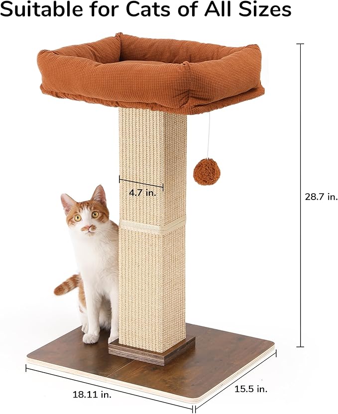 FUKUMARU Cat Scratching Post, Retro-Style Tall Scratch Posts with Perch for Infoor Cats Adults, Large Cat Scratcher Tower with Bed, Natural Sisal & Solid Wood
