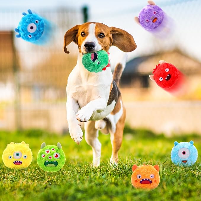 HyDren 8 Pack Soft Squeaky Dog Ball Toys 2 In1 Fuzzy 4" Dog Balls with Squeakers Plush Funny Puppy Ball Bulk Small Dog Valentine Toys Monster Dog Chewers for Small Medium Puppy Dog Pet Birthday Gift