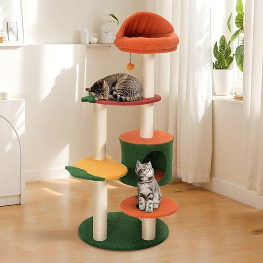 Happy & Polly Cute Cat Tree - 48.4" Fruit World Cat Tower for Indoor Cats, Multi-Level Cat Condo with Sisal Scratching Posts, Private Cave, Plush Strawberry Perches, Perfect Cat Tree Activity Center