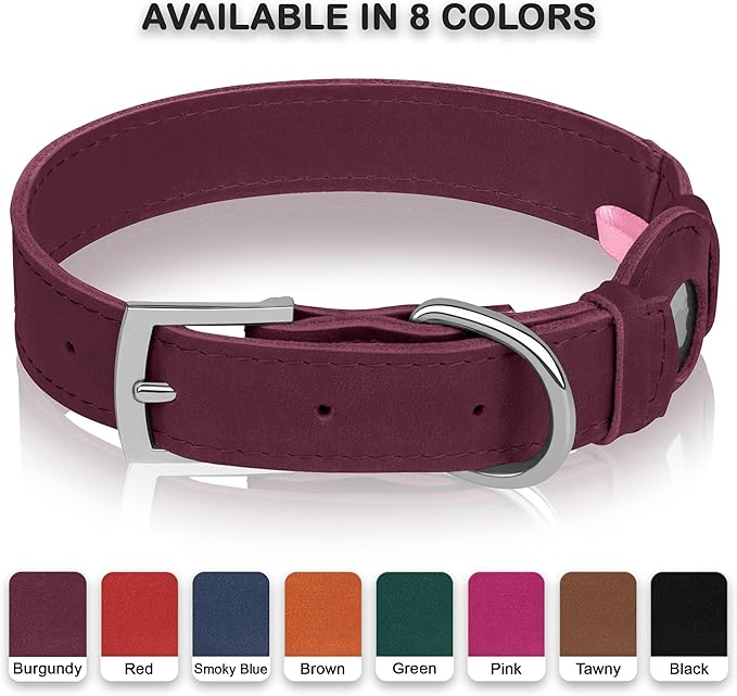 Leather Dog Collar with Airtag Holder - Apple AirTag Dog Collars - Soft Tracking Smart GPS Pet Collar for Small Medium Large Dogs Puppy (Burgundy, S, 9"-12" Neck Fit)