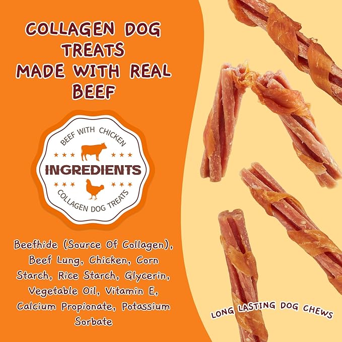 Jungle Calling Chicken Wrapped Beef Lung Collagen Sticks Dog Treats, Long Lasting Bones, Bully Sticks for Small Medium Dogs Moderate Chewers, Chews Easy to Digest Teeth Cleaning,14.1 oz