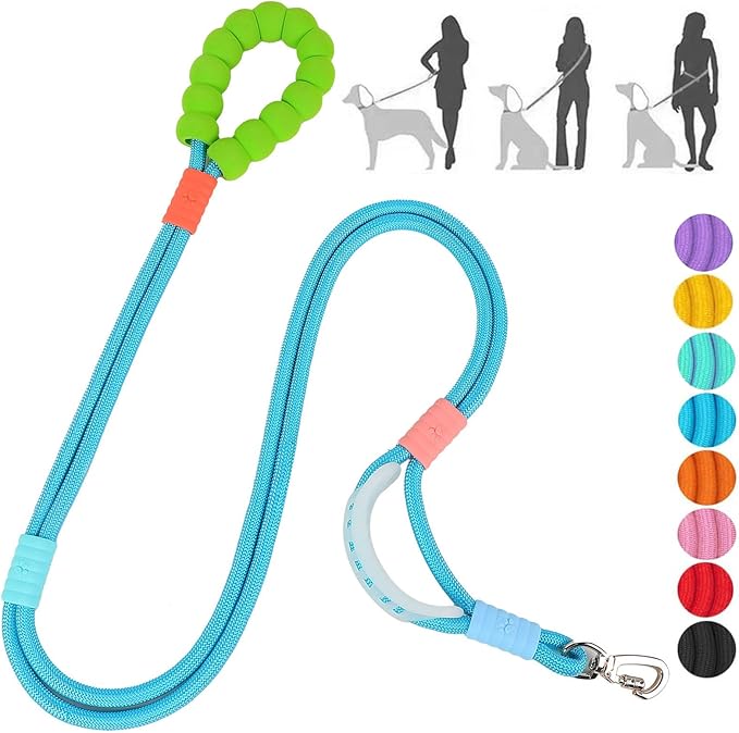 JSXD 5 FT Heavy Duty Dog Training Leash - Double Handle Comfortable Padded Hands Free, Adjustable Crossbody Waist for Small Medium Large Dogs (Blue)