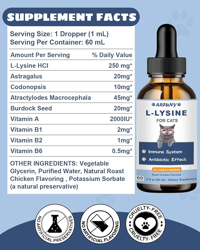 L-ysine Supplement for Cats - Immune Support - 60ML Lysine for Feline Respiratory, Sneezing, Runny Nose, Eye Function - Natural Cat Antibiotic Drops - Roast Chicken Flavor