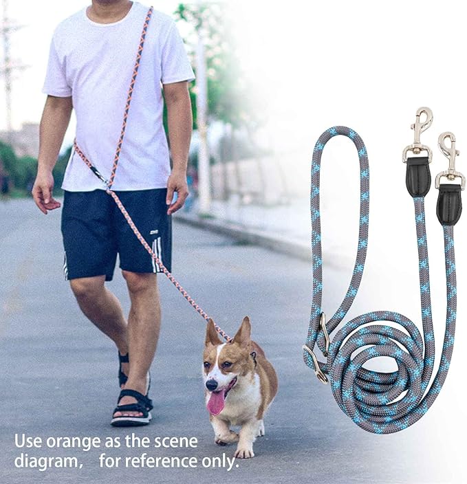 Hands Free 8.5ft Nylon Double Dog Leash with Reflective Stitching, Adjustable Waist Fits All for Medium Large Dogs - Blue