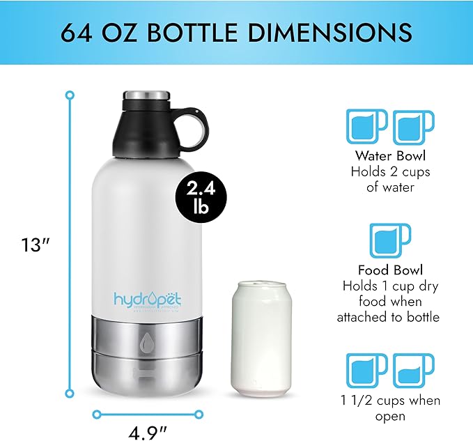 Hydropet Portable Dog Water Bottle (64 oz) - Insulated Dogs & Cats Travel Bottles, Stainless Steel - Detachable Dog Food Bowl and Water Bowl - Great for Daily Walks - Puppy Essentials & Accessories