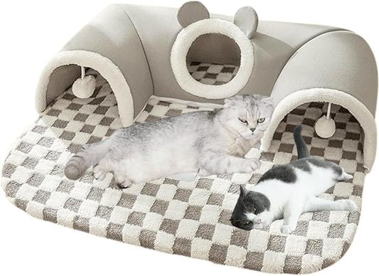 Cat Tunnel Bed Indoor,Cat Peekaboo Cave Bed for Multiple Cats,Kitty Tube with Cat Balls Toys,Removable Cat Bed House Washable,Small Animal Tunnel for Kitty,Bunny (Grey,Large)