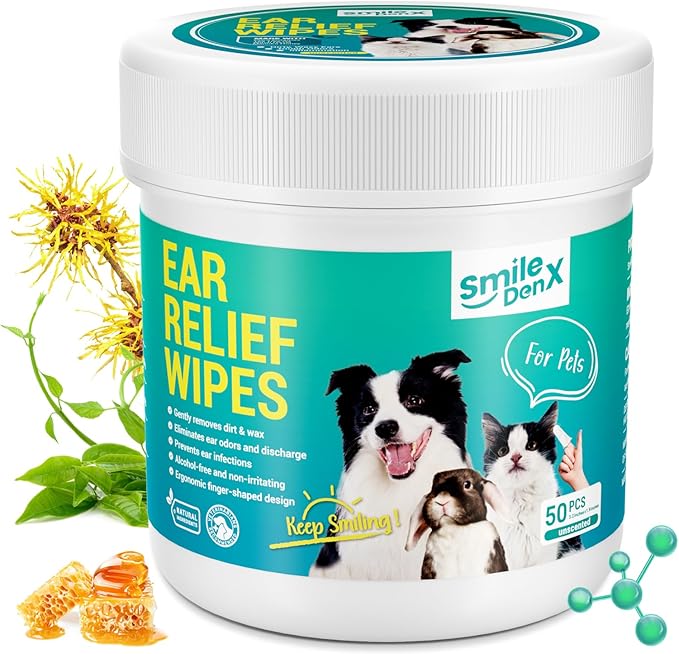 Pet Ear Wipes, Ear Cleaner Wipes for Dogs & Cats, Enzymes and Baking Soda - Fast Relief Ear Itching and Inflammation, Dog Ear Infection Treatment, Remove Dirt and Wax Build Up, 50 Count