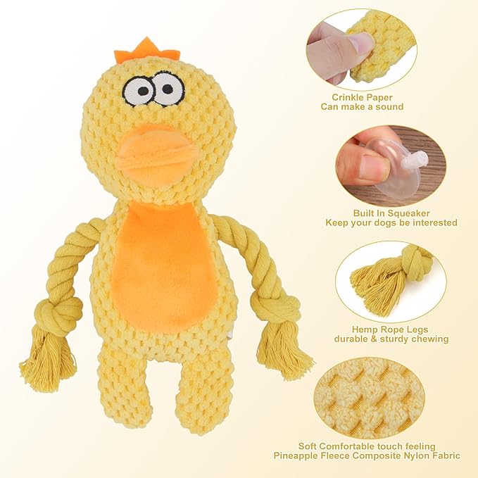 Dog Toys, Dog Squeaker Toys with Crinkle Paper, Stuffed Animal Dog Plush Chewing Toy, Cotton Rope Interactive Toys for Puppy, Small, Middle Dogs (Yellow Duck)