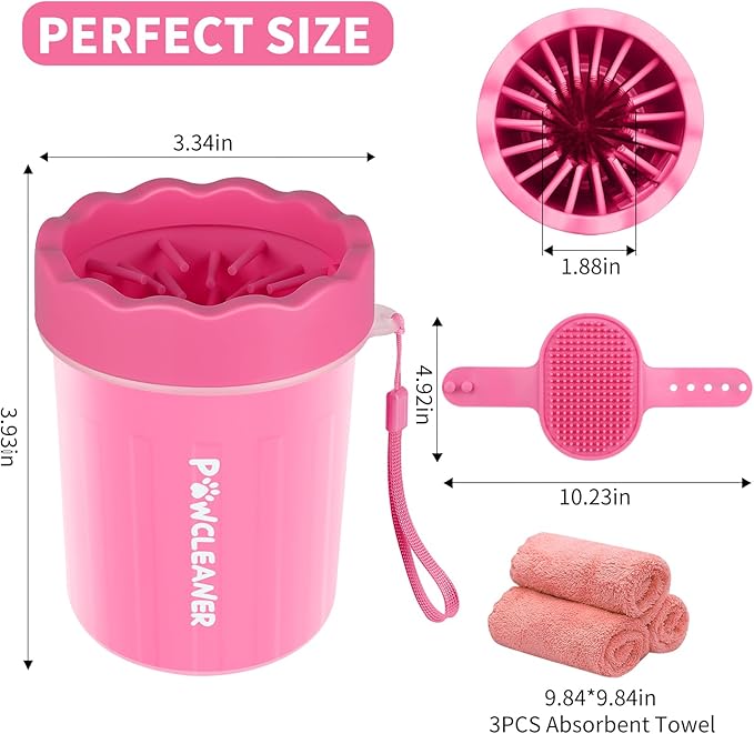 Comotech Portable Pet Foot Washer with Silicone Brush, 3 Absorbent Towels for Small Dogs (Pink)