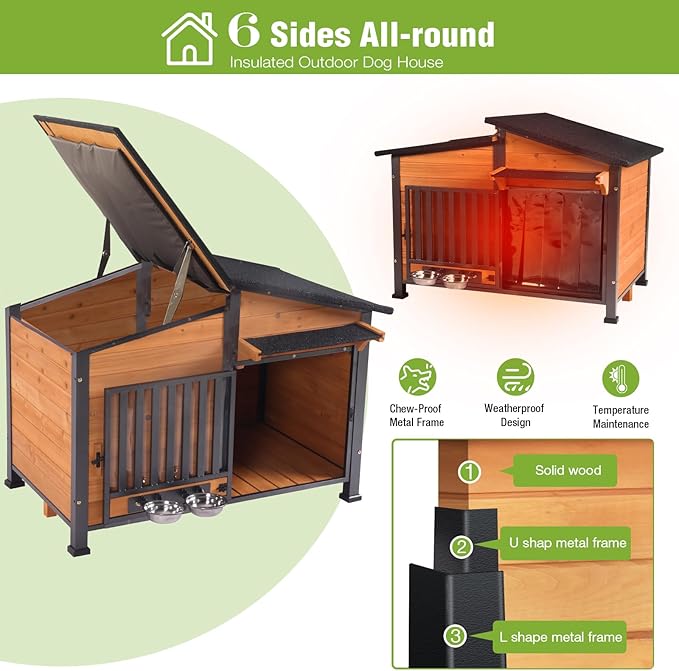 GUTINNEEN Outdoor Dog House Insulated Large Weatherproof Dog Shelter with Chew-Proof Full Metal Frame, 360° Rotatable Spill-Proof Bowl, Openable Roof, Removable Inner Floor for Dogs