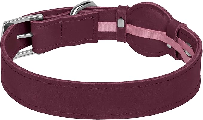 Leather Dog Collar with Airtag Holder - Apple AirTag Dog Collars - Soft Tracking Smart GPS Pet Collar for Small Medium Large Dogs Puppy (Burgundy, S, 9"-12" Neck Fit)
