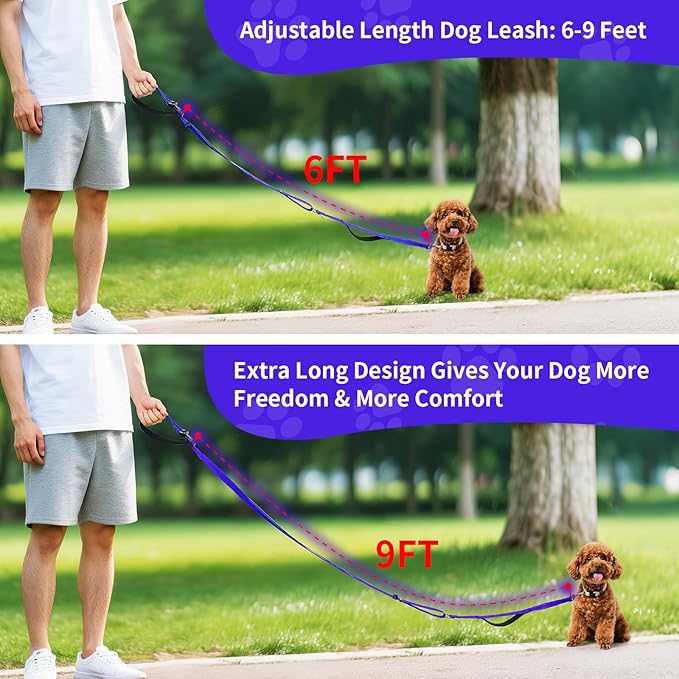 Hands-Free Dog Leash with Adjustable Length 6-9FT + Dual Padded Handles Reflective Safety for Walking, Jogging & Training | Suitable for Medium to Large Dogs & Puppies Blue-L