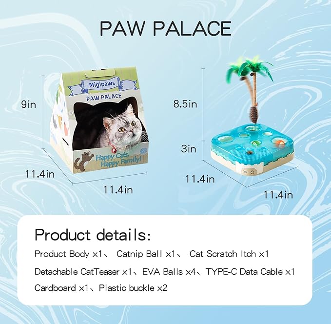 Migipaws 7-in-1 Interactive Cat Toy Motion Activated Indoor Playset with Automatic Pop Bounce Cat Ball, Feather Palm Tree Wand, Catnip Ball & Self-Grooming Cardboard House Rechargeable
