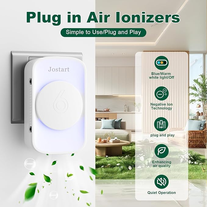 JOSTART- Air Ionizers (1 Pack）- Plug In Negative Ion Air Purifiers - Quiet Air Freshener for Home, Bedroom, Office, Basement - Portable Air Purifier Odor, Smoke, Dust, Pet Smell - Mini Air Cleaner
