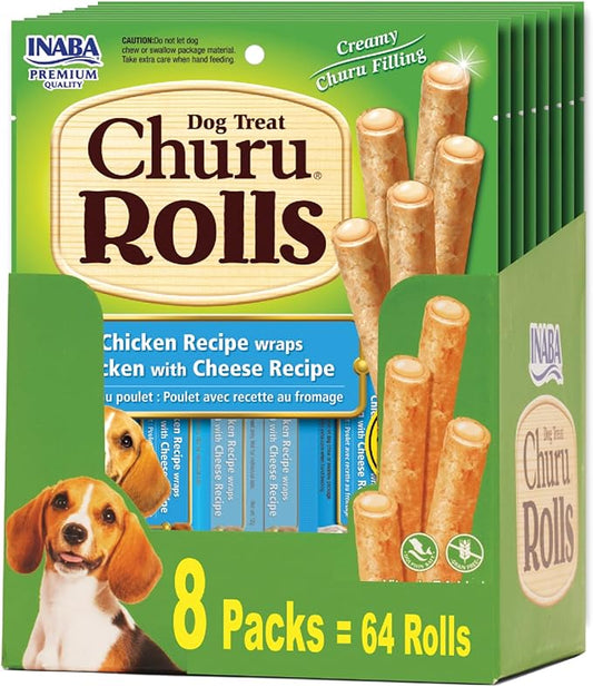 INABA Churu Rolls for Dogs, Soft & Chewy Baked Chicken Wrapped Filled Dog Treats, 0.42 Ounces Each Tube, 64 Tubes Total, Chicken with Cheese Recipe