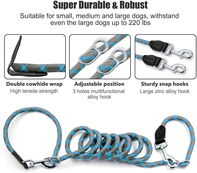 Hands Free 8.5ft Nylon Double Dog Leash with Reflective Stitching, Adjustable Waist Fits All for Medium Large Dogs - Blue