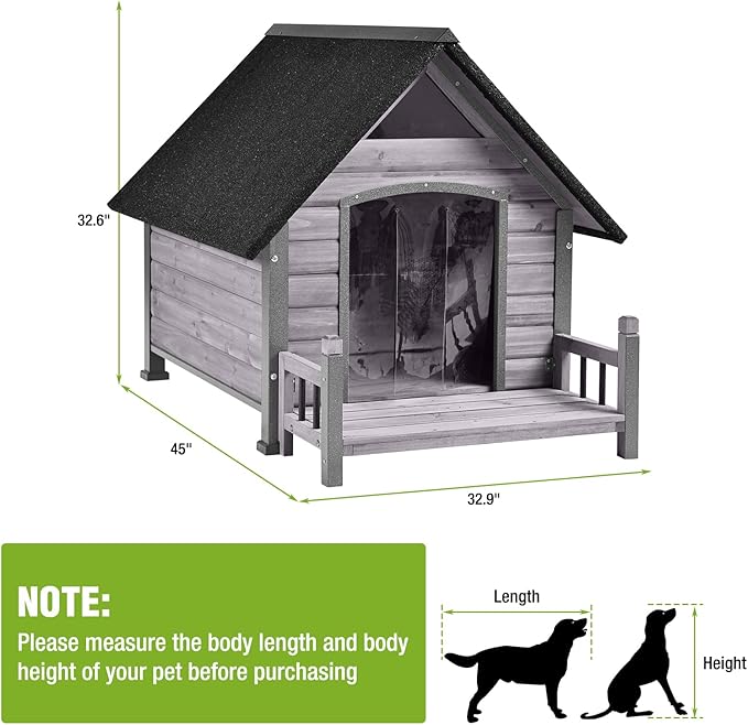 GUTINNEEN Dog House Outdoor with Anti-Bite Metal Frame, Dog Kennel with Porch and Weatherproof Roof for Small, Medium, Large Breeds, Puppy Home Indoor (Grey, 45’’ Medium)