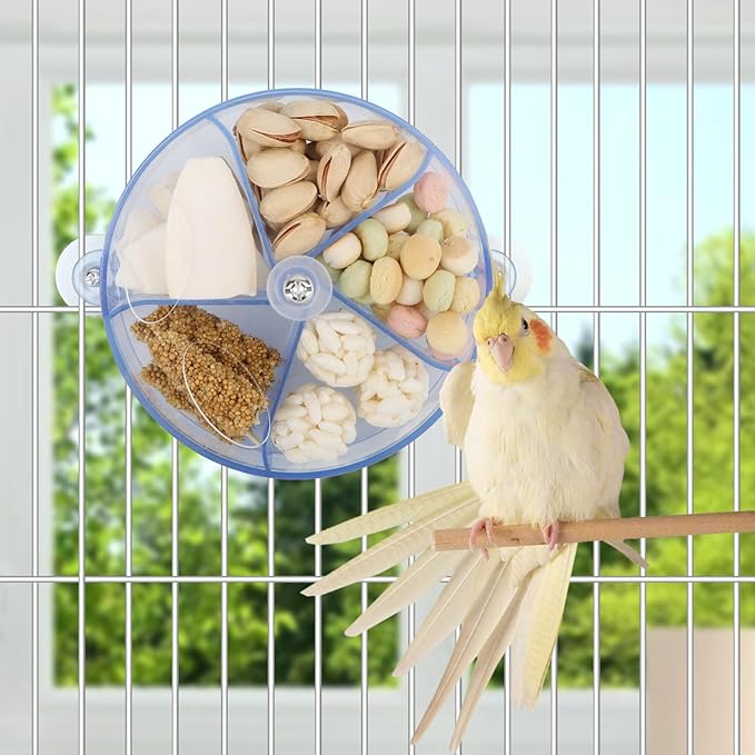 Bird Creative Foraging System Wheel Seed Food Ball Rotate Training Toy for Small and Medium Parrots Parakeet Cockatiel Conure (Clear Blue)