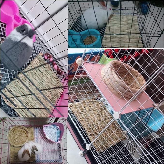 Hamiledyi Grass Mat Woven Bed Mat for Small Animal 4PCS Large Bunny Bedding Nest Chew Toy Bed Play Toy for Guinea Pig Parrot Rabbit Bunny Hamster Rat