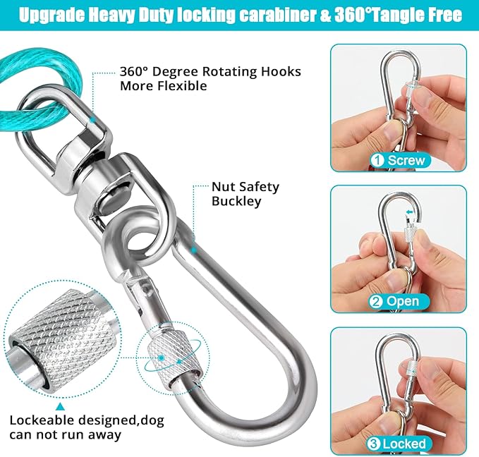 Jenico Dog Tie Out Cable, 10-150FT Runner Cable with Swivel Hook and Shock Spring, Yard & Camping Dog Leash Tether for Small to Medium Pets Up to 500 LBS