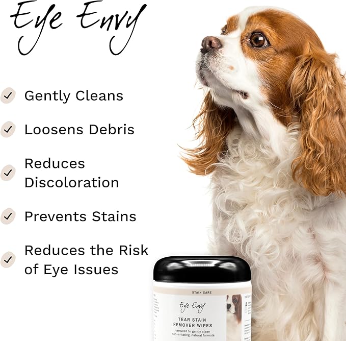 Eye Envy Tear Stain Wipes for Dogs. Textured to Gently Clean. Presoaked in 100% Natural Formula. Recommended by AKC Breeders, Vets, Groomers. Treats The Cause of Staining. USA Made. 60 Dog Eye Wipes