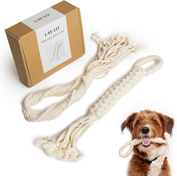 LAY LO Natural Cotton Dog Rope Toys | 18 inch 2-Pack | for Medium and Large Dogs | Includes Live Dog Trainer Support | Durable & Eco-Friendly | Unique Boho Designs with Handle | Puppy Teething Toy