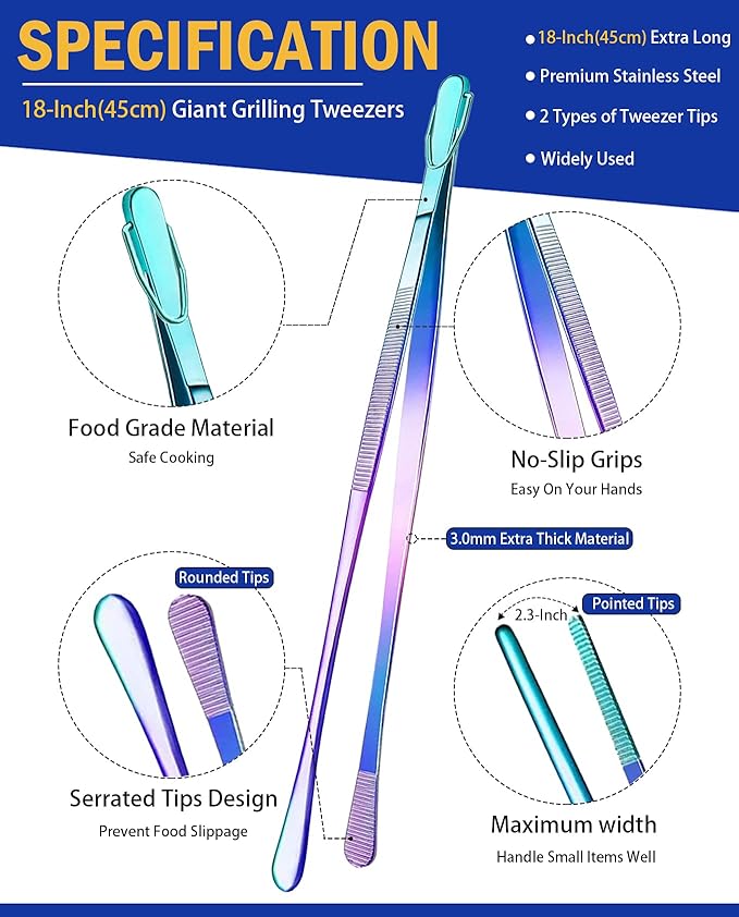 JETKONG 2 Pcs 18 Inch (45cm) Stainless Steel Grill Tongs Heavy Duty Giant Tweezer Tongs, Extra Large Tweezers Tools for Cooking, Grilling, BBQ and Turning Food (Rainbow)