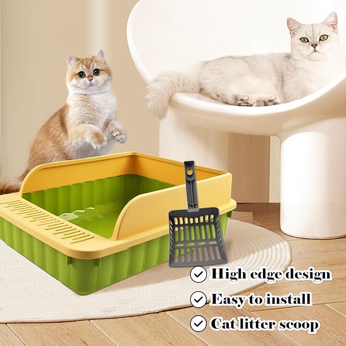 Open Top Cat Litter Box with High Side Anti-Splashing Cat Toilet with Litter Sifting Scoop Semi-Enclosed Kitten Litter Tray Pan Removable Prevent Sand Leakage Deodorizing Easy to Clean(Green)