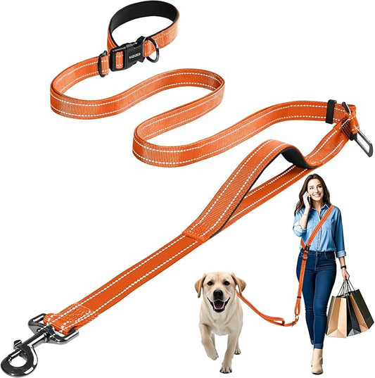 Hands-Free Dog Leash with Adjustable Length 6-9FT + Dual Padded Handles Reflective Safety for Walking, Jogging & Training | Suitable for Medium to Large Dogs & Puppies Orange-L