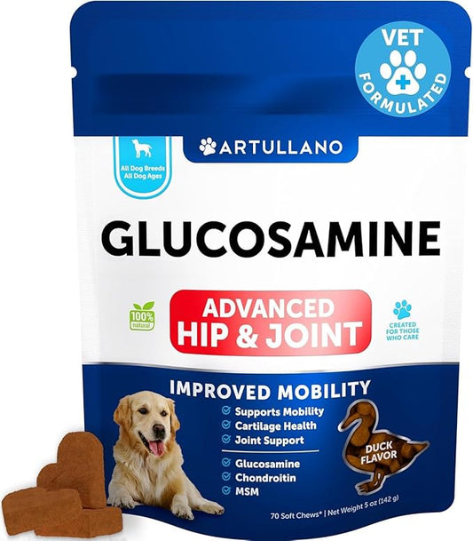 Glucosamine for Dogs Joint Pain Relief - Hemp Hip and Joint Supplement for Dogs - Chews with Chondroitin, MSM, Hemp Oil - Mobility Support - Canine Cartilage Health - 70 Soft Treats - Made in USA