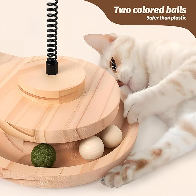 Kitten Scratching Post. 4 in 1 Wooden Cat Scratching Post. Kitten Toys for Indoor Cats with Leaky Food Ball and 2 Sisal Hanging Balls. 15.7" Cat Scratcher with 2 Cat Ball Tracks for Kittens