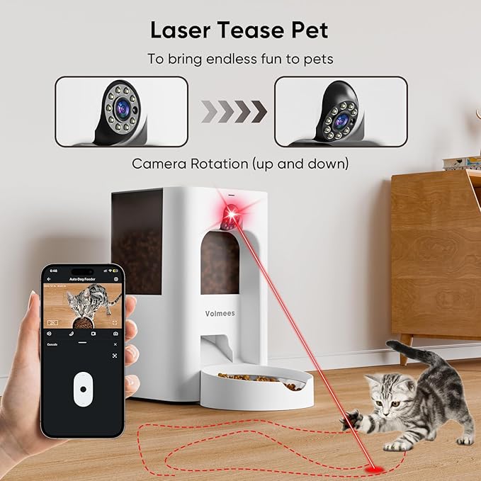 Automatic Cat Feeder with 2K Camera, Laser Tease Pet, 2.4 & 5GHz WiF Pet Feeder for Cat & Dog, Schedule Feeding Pet Food Dispenser w/Camera Rotates Up and Down, Night Vision, 2-Way Audio, 4L