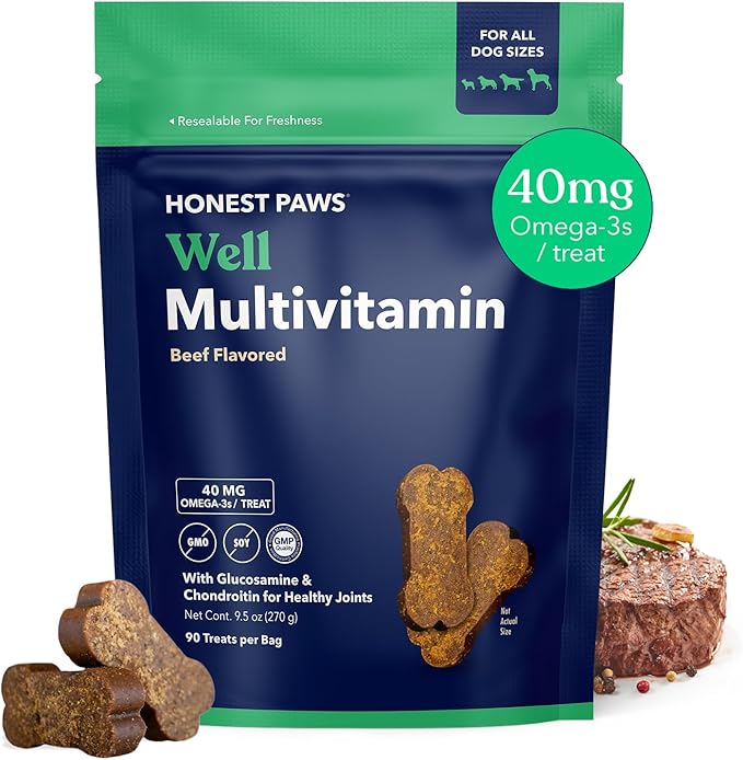 Honest Paws (90 Count) Dog Multivitamin Soft Chews with 10 Essential Vitamins - Joint, Coat, Immune, Eye & Heart Support - with Glucosamine, Chondroitin & Omega-3 - Beef Flavor