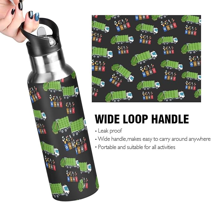 Garbage Truck Trash Recycling Water Bottle with Straw Lid Kids Insulated Stainless Steel Water Flask Sports, 20 Oz Hot Cold