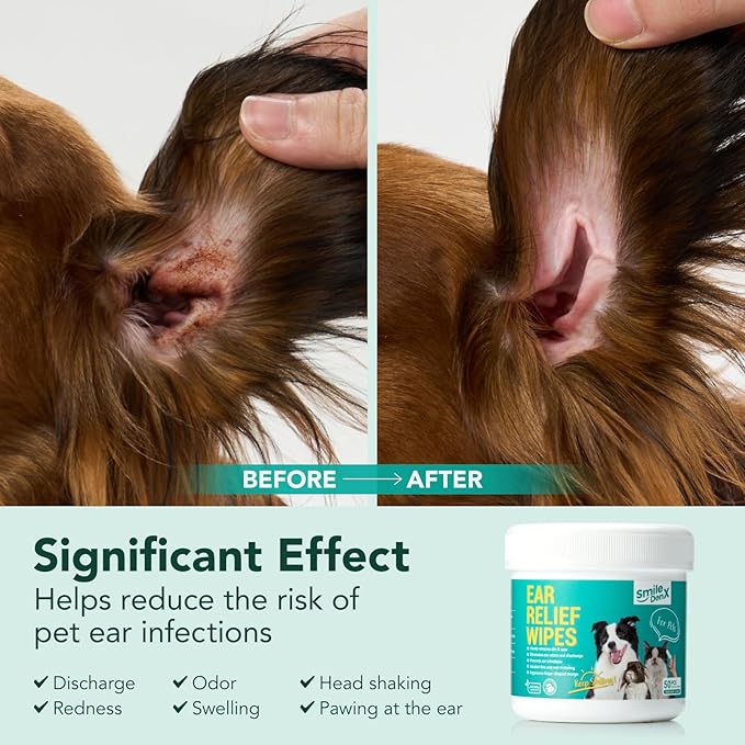 Pet Ear Wipes, Ear Cleaner Wipes for Dogs & Cats, Enzymes and Baking Soda - Fast Relief Ear Itching and Inflammation, Dog Ear Infection Treatment, Remove Dirt and Wax Build Up, 50 Count
