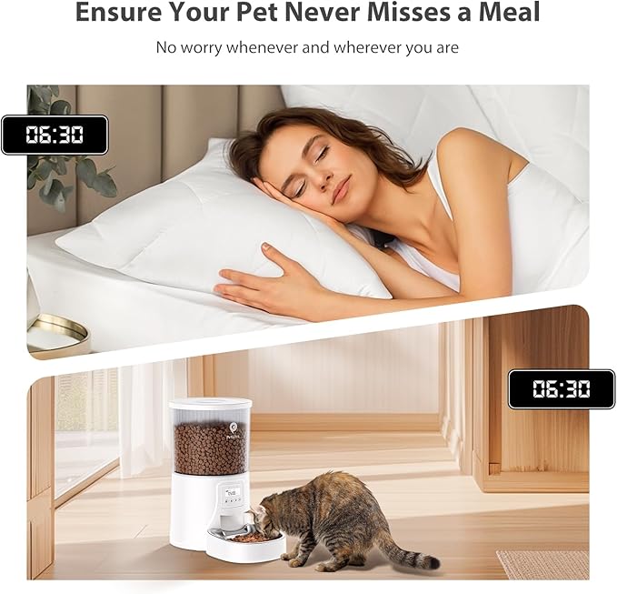 Automatic Cat Feeder: 4L Timed Cats Food Dispenser Programmable 1-6 Meal for Cat and Small Medium Dog- Auto Pet Feeder Dual Power Supply with Stainless Steel& | Detachable Washable White