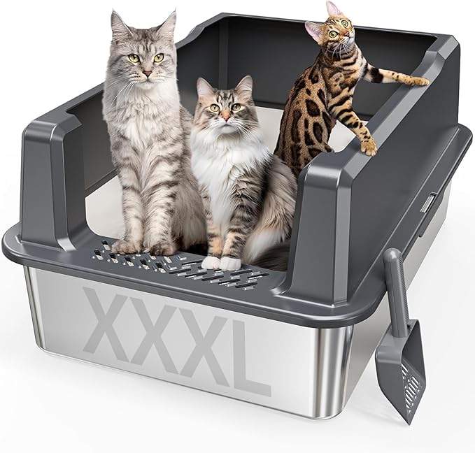 Extra Large XXL Stainless Steel Cat Litter Box with Lid, 26" L x 18" W x 12" H Metal Litter Box with Hight Sides for Big Cats & Multiple Cats, Never Absorbs Odors, Anti-Urine Leakage, Easy Cleaning