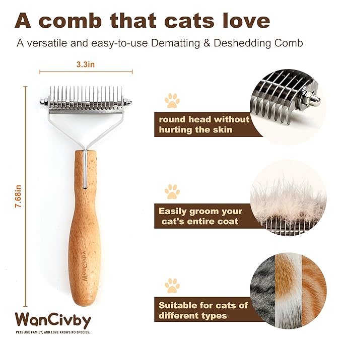 3-in-1Dematting & Deshedding Comb Undercoat Rake for Cats& Dogs，Detangling Matted Fur & Hair Remover Tool Pet Grooming Rake for Shedding and Dematting，Ergonomic beech wood handle (Round Handle)