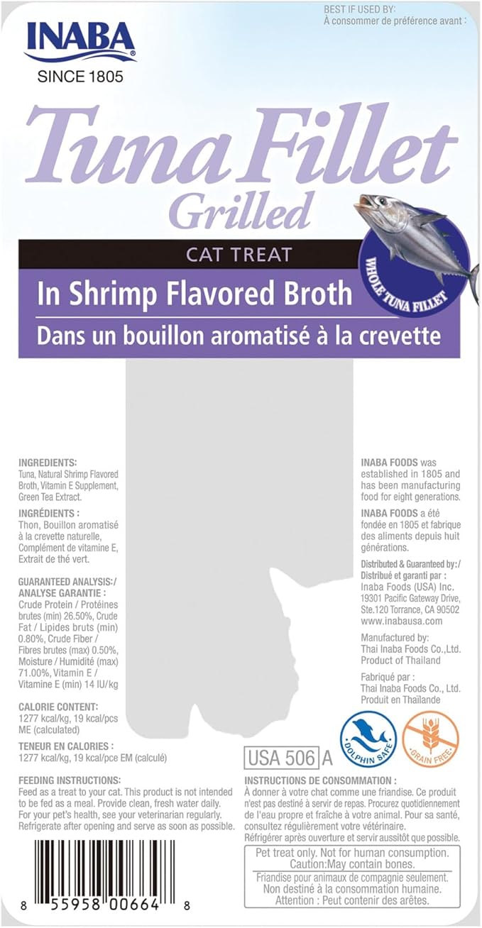 INABA Premium Hand-Cut Grilled Tuna Fillet Cat Treats/Topper with Vitamin E and Green Tea Extract, 0.52 Ounces Each, Pack of 6, Shrimp Broth