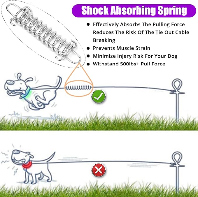 Jenico Dog Tie Out Cable, 10/15/20/30/40/50/70/100/150FT Runner Cable with Swivel Hook and Shock Spring, Yard and Camping Dog Leash Run Tether, Small to Medium Pets Up to 500 LBS