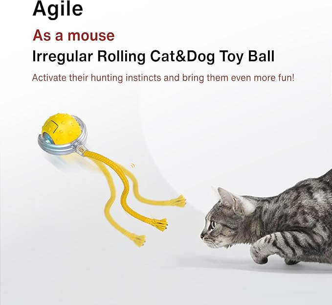 Interactive Cat Toy – Motion Activated Rolling Ball with LED Lights & 3 Play Modes & Two Different Tails - Best Toy for Indoor Cats & Kittens to Stay Active and Stimulate Hunting Instinct (Yellow)