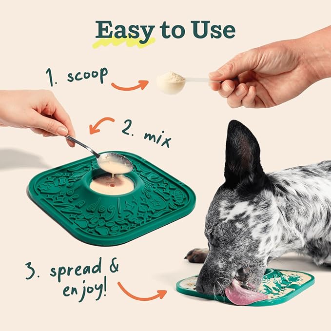 Woof Lick Mat and Bacon and Cheese LickMix Starter Pack Bundle - Dog Enrichment and Spread - Slow Feeder Mat with Non-Slip Design - Delicious, Lower Calorie Mix -Green