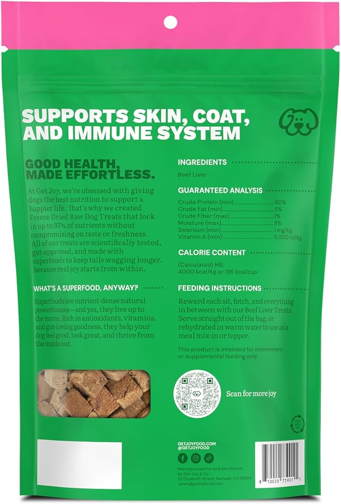 Get Joy Freeze Dried Superfood 100% Beef Liver Dog Treats, 4 Ounce Bag, Single Ingredient Organ Meat, High Protein, Vision, Skin & Coat Health, Muscle Repair, Grain Free, Gluten Free, Made in USA
